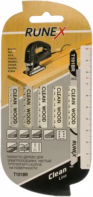 Пилки 100x75 мм 10зуб/д (дерево, фанера, ламинат ,пластм. h=4-30mm) чист. распил,обр зуб. Т101BR 5шт/уп Runex